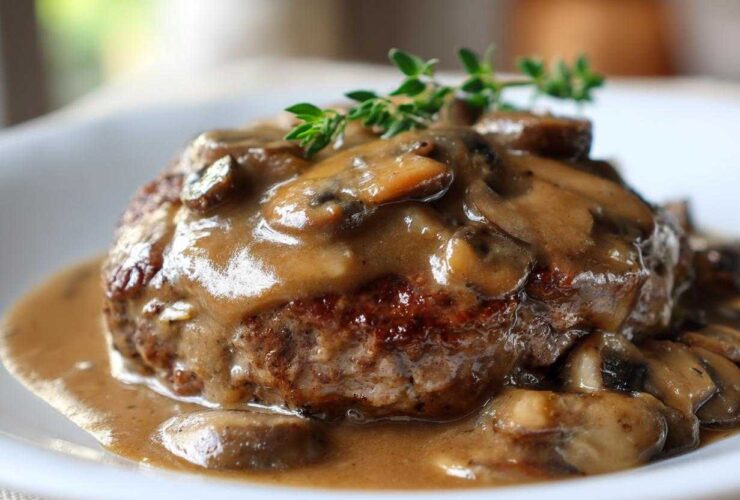 Close-up of a perfectly cooked salisbury steak smothered in rich mushroom gravy and garnished with fresh thyme.