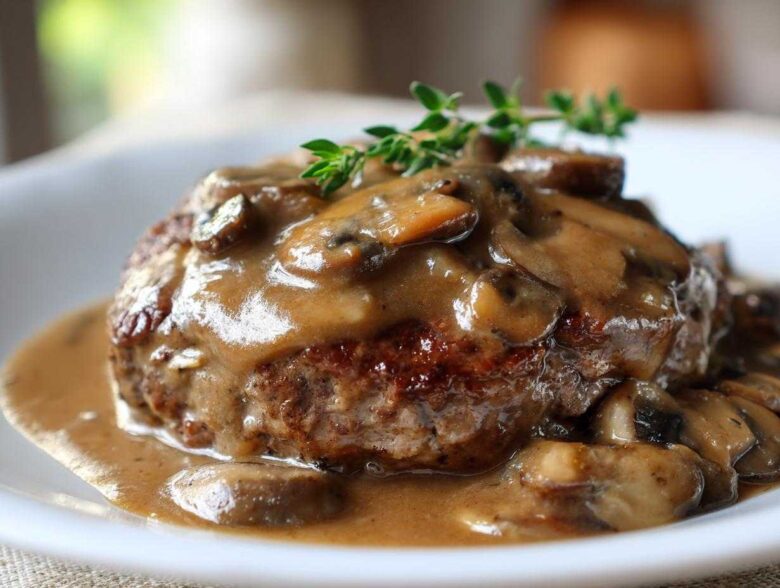 Close-up of a perfectly cooked salisbury steak smothered in rich mushroom gravy and garnished with fresh thyme.