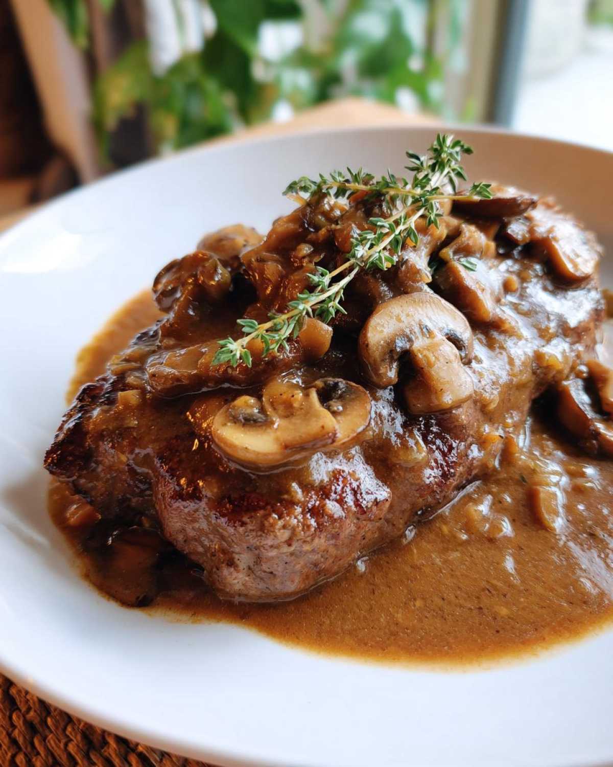 A close-up of Salisbury steak smothered in rich mushroom gravy and topped with fresh thyme.