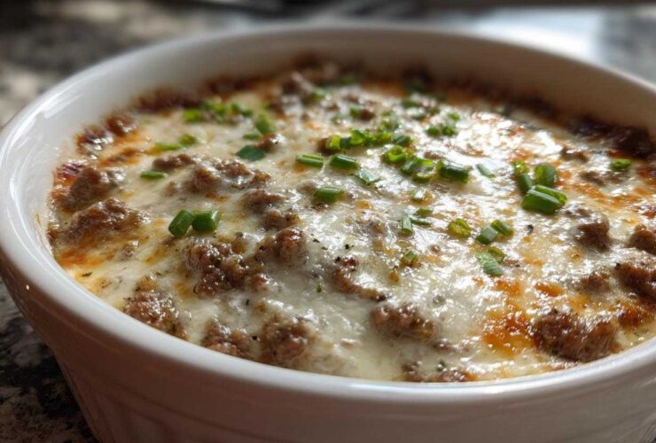 Close-up of a hot, baked sausage cream cheese dip topped with melted cheese and fresh green chives.