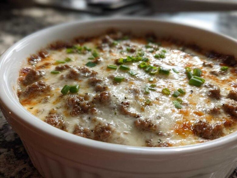 Close-up of a hot, baked sausage cream cheese dip topped with melted cheese and fresh green chives.