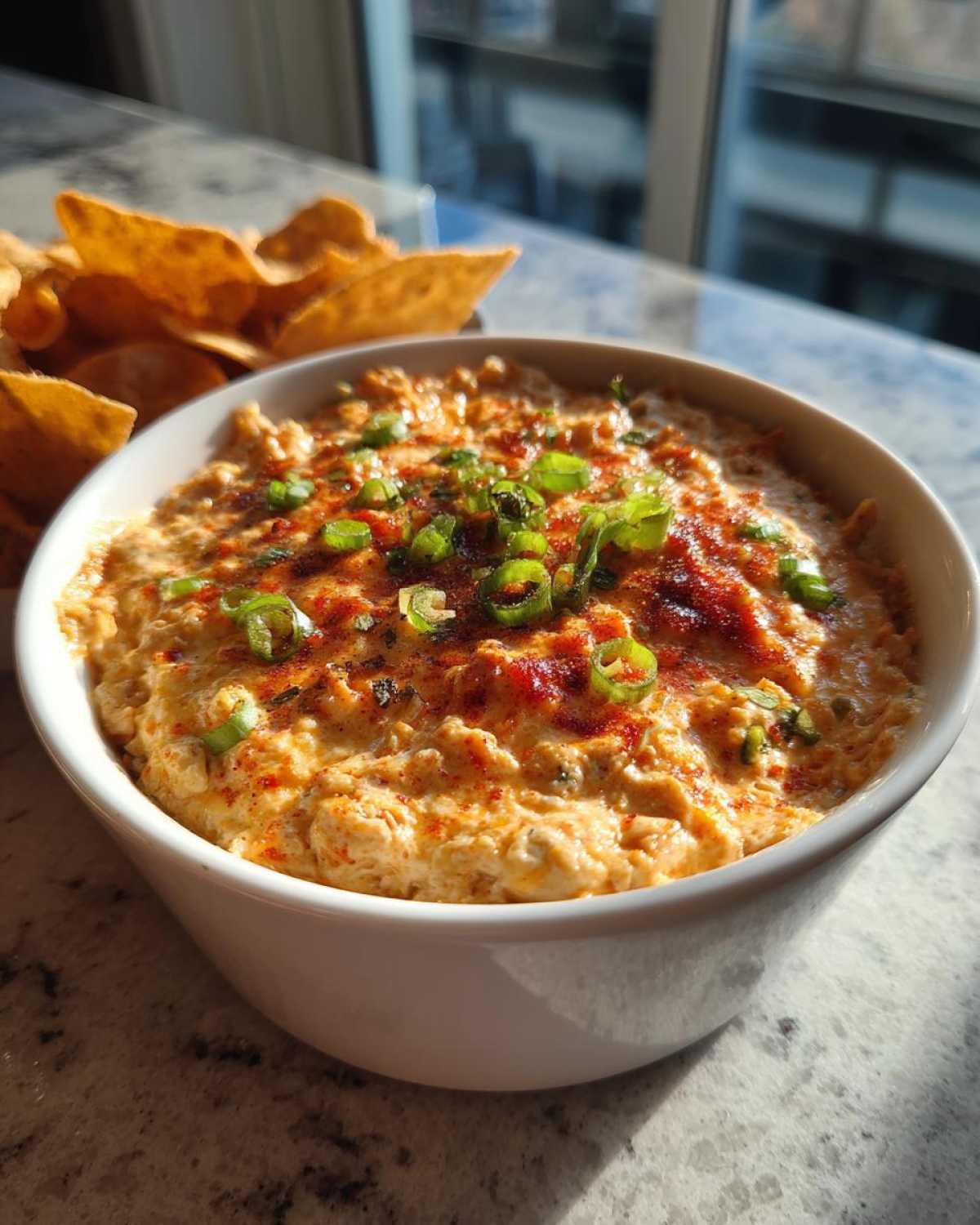 A white bowl filled with warm sausage cream cheese dip, topped with green onions and paprika, served next to tortilla chips.