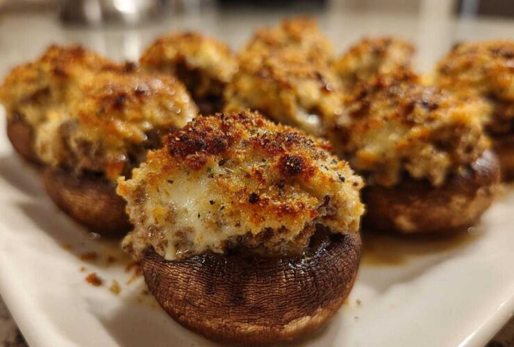 A close-up of several golden-brown, baked sausage stuffed mushrooms with a cheesy, herbed topping.