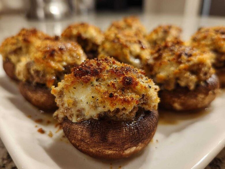 A close-up of several golden-brown, baked sausage stuffed mushrooms with a cheesy, herbed topping.