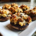 Close-up of freshly baked sausage stuffed mushrooms with a golden, cheesy topping served on a white platter.