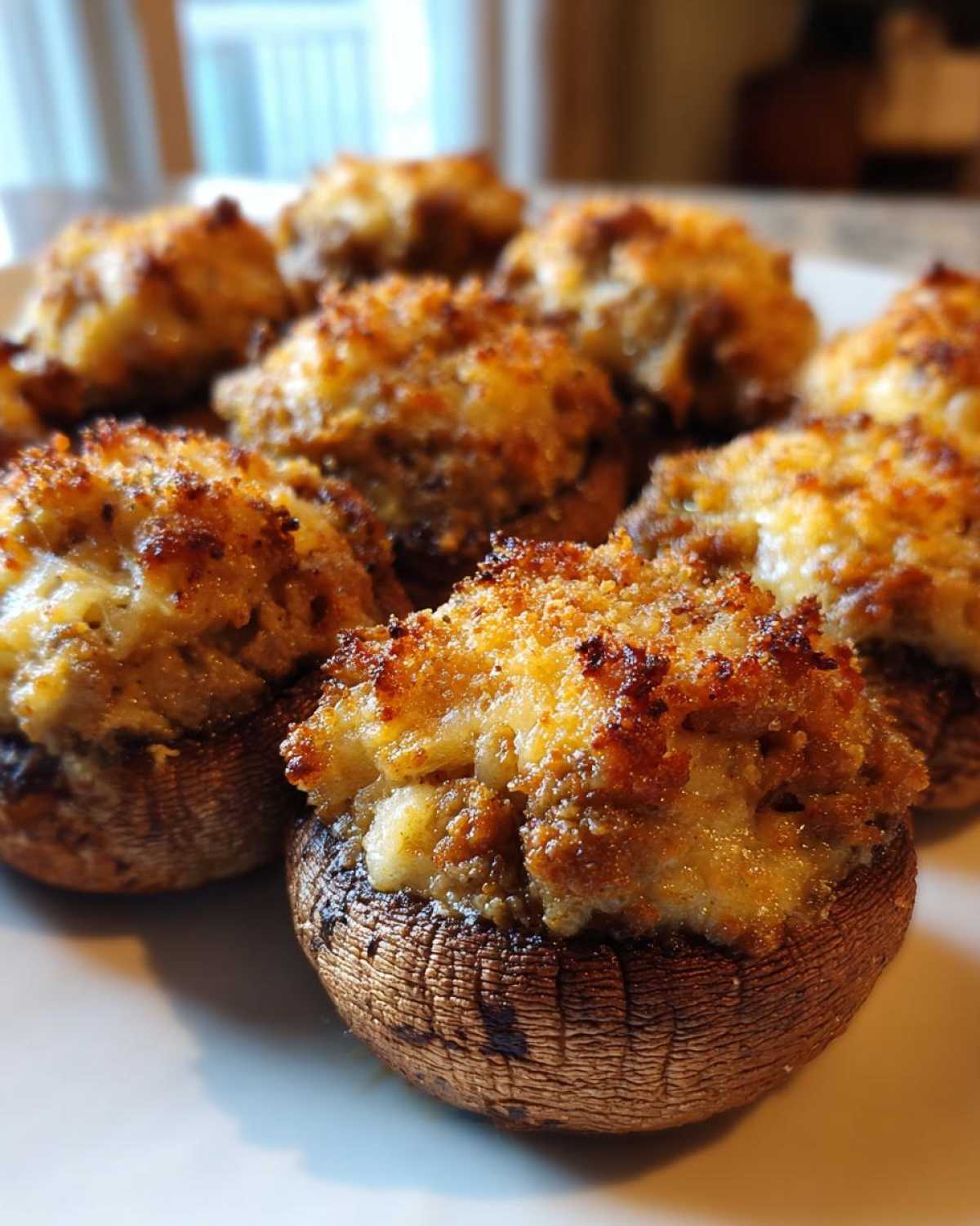 Close-up of several baked sausage stuffed mushrooms with a golden, crispy topping served on a white plate.