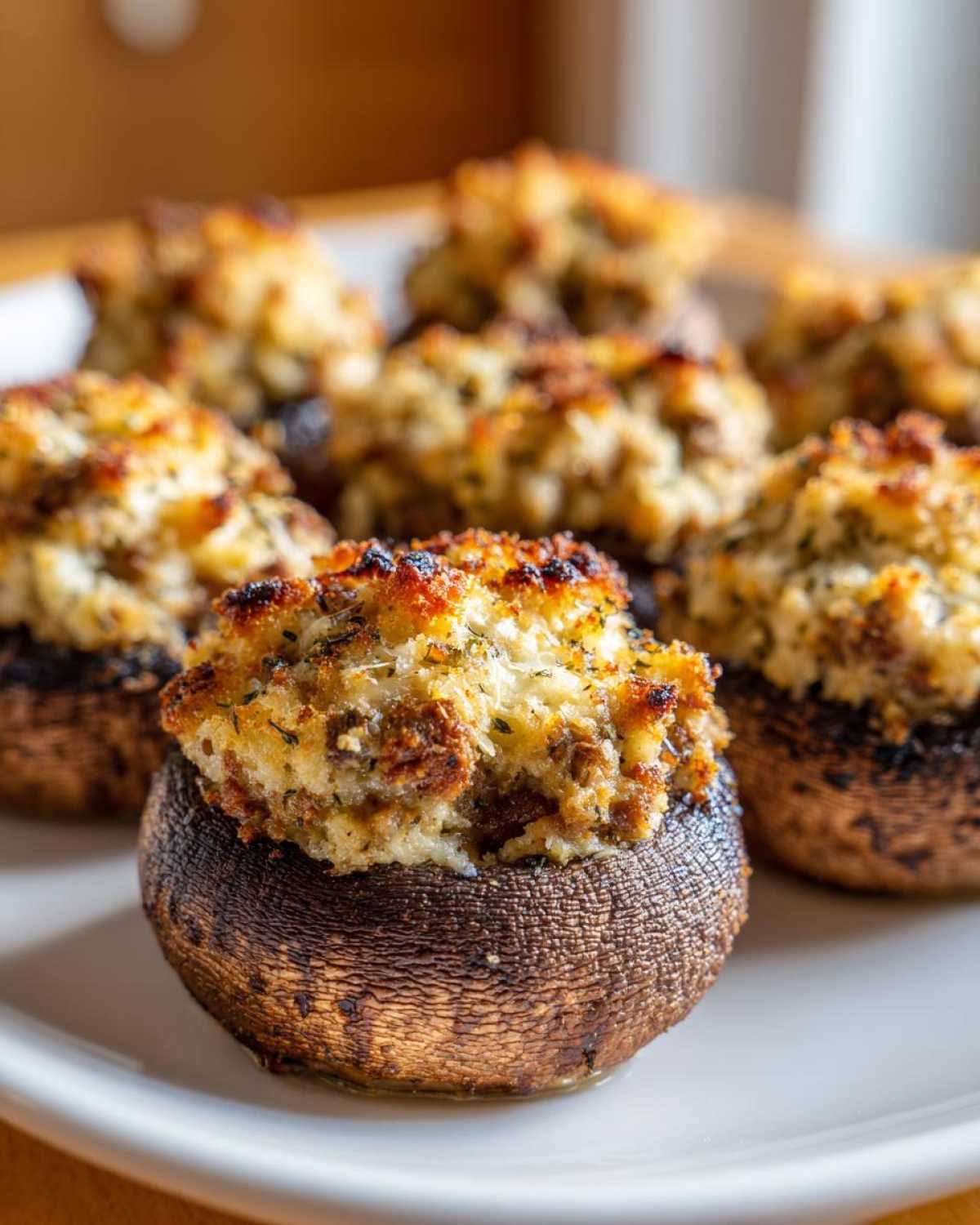 Close-up of a golden-brown, baked Sausage stuffed mushrooms, featuring a savory, herbed filling.