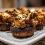 A close-up of freshly baked sausage stuffed mushrooms with a golden-brown, crispy topping on a white platter.