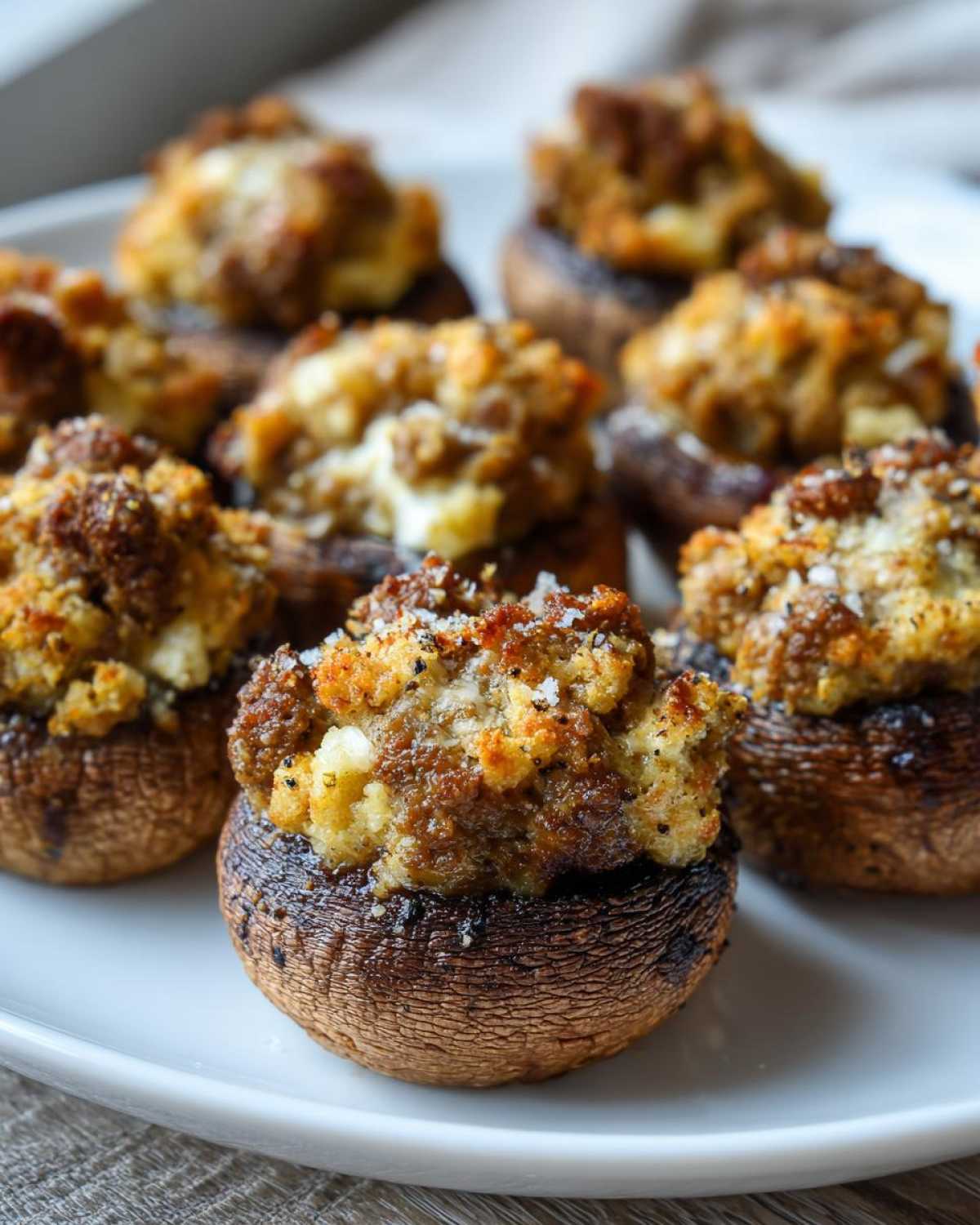 A close-up of several baked Sausage stuffed mushrooms piled high with savory filling on a white plate.
