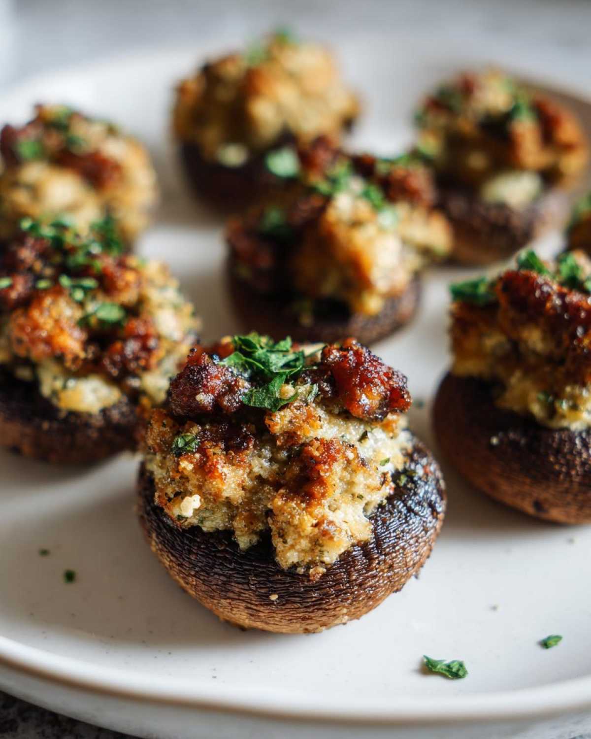 A close-up of several perfectly baked sausage stuffed mushrooms garnished with fresh parsley on a white plate.