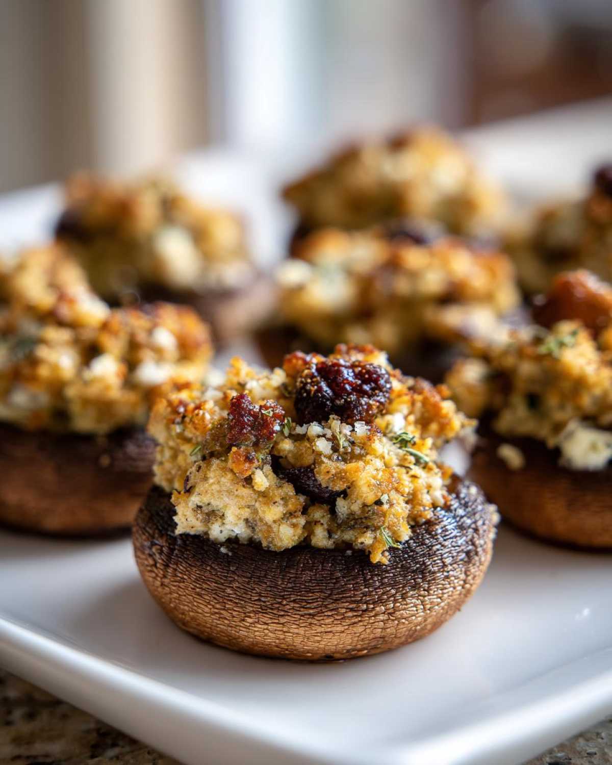 A close-up of one perfectly baked sausage stuffed mushrooms appetizer topped with stuffing and herbs.