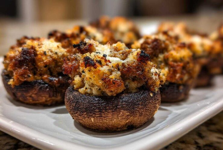 A close-up of freshly baked sausage stuffed mushrooms with a golden-brown, crispy topping on a white platter.