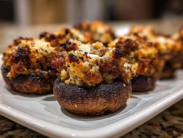 A close-up of freshly baked sausage stuffed mushrooms with a golden-brown, crispy topping on a white platter.