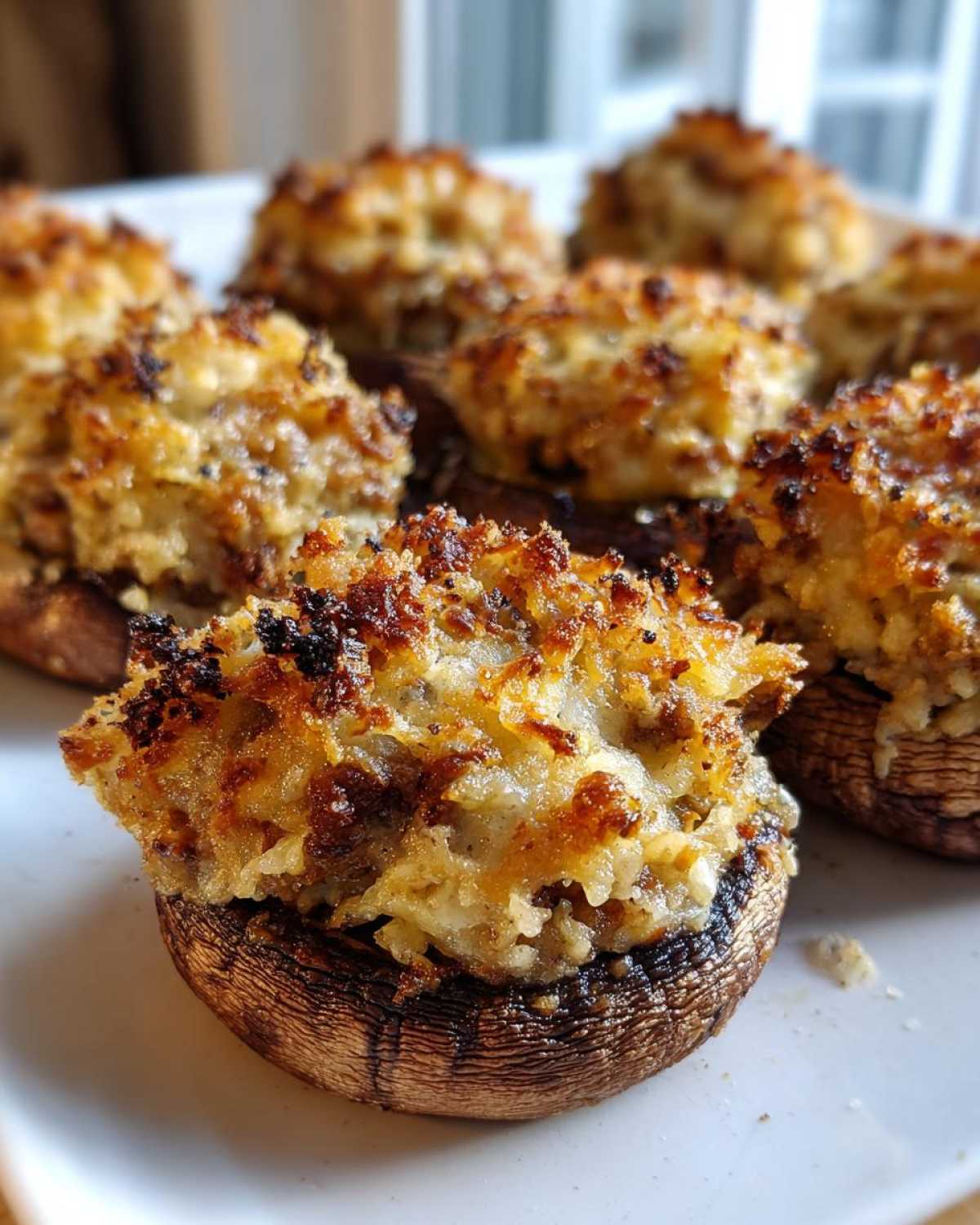 Close-up of perfectly baked sausage stuffed mushrooms with a crispy, golden-brown topping.
