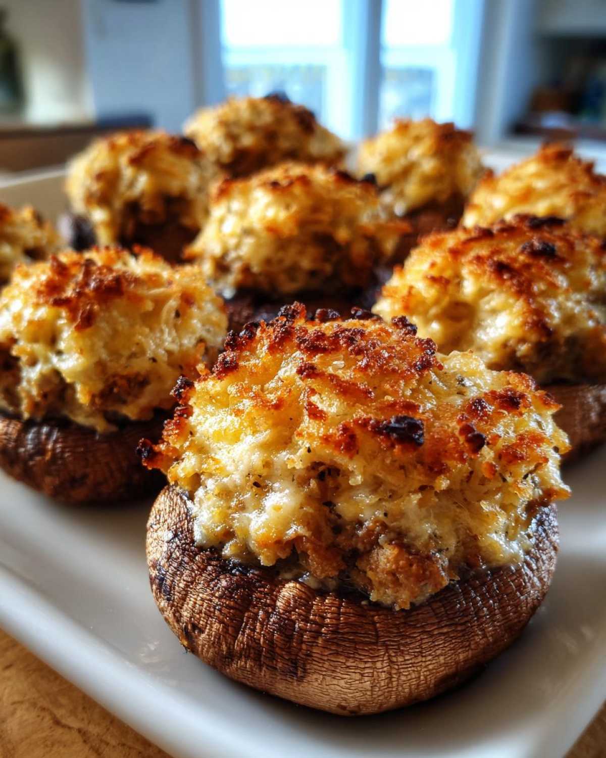 Close-up of baked sausage stuffed mushrooms with a golden, cheesy, and crispy topping served on a white platter.
