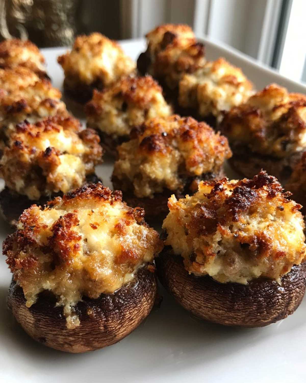 Close-up of baked sausage stuffed mushrooms with a golden, crispy topping served on a white plate.