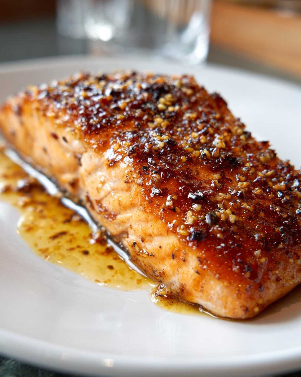 Close-up of a perfectly cooked, glazed salmon fillet topped with sesame seeds, resting in its sauce.