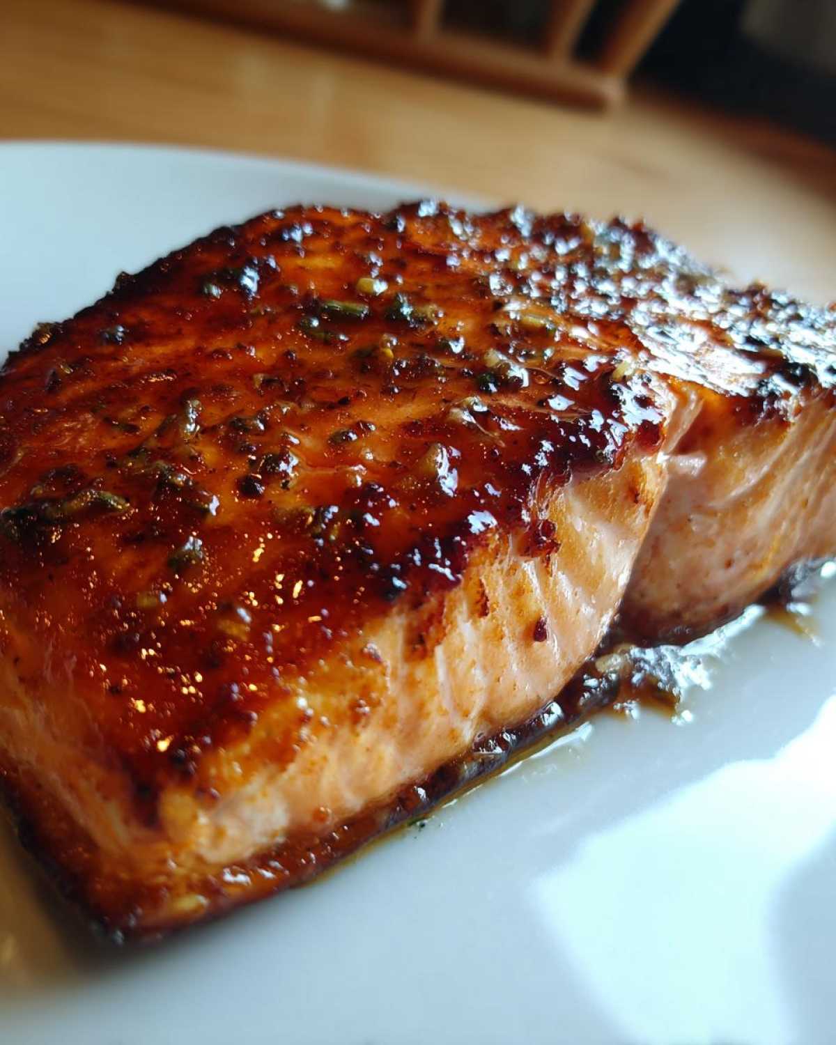 Close-up of a perfectly cooked, glazed salmon fillet with a shiny, dark brown crust on a white plate.