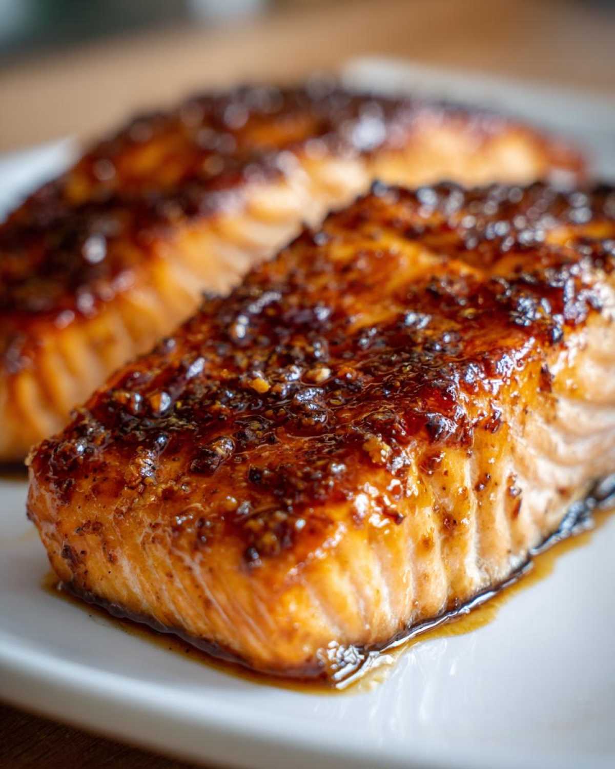 Close-up of two perfectly cooked, glazed salmon fillets with a dark, savory crust.