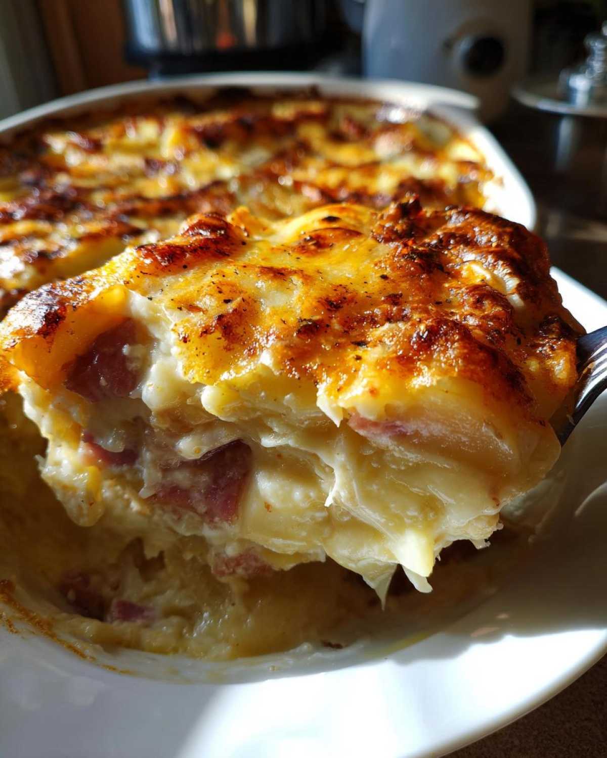 Close-up of a fork lifting a creamy, cheesy slice of scalloped potatoes and ham from a baking dish.