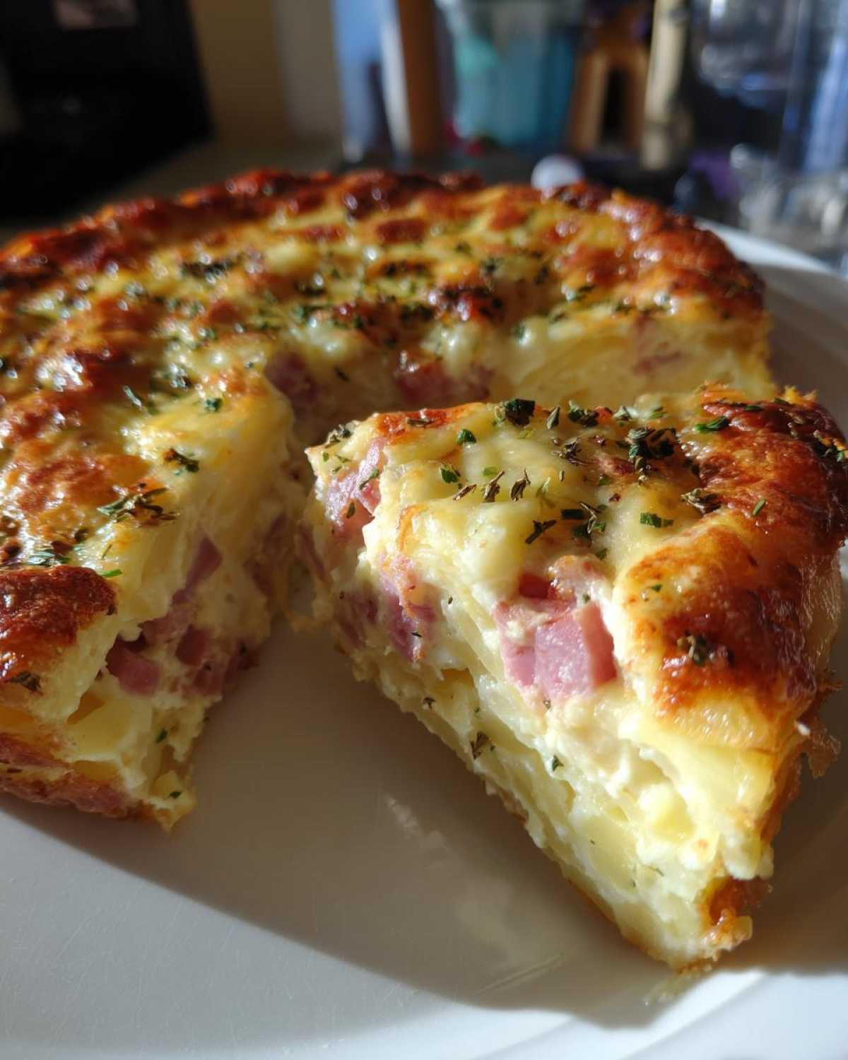 A close-up of a thick slice cut from a baked scalloped potatoes and ham dish, showing layers of potato, ham chunks, and cheesy topping.