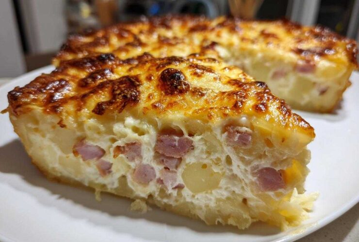 A thick slice of scalloped potatoes and ham bake with a bubbly, browned cheese crust, served on a white plate.