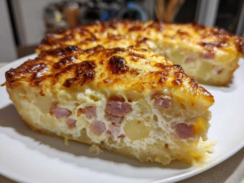 A thick slice of scalloped potatoes and ham bake with a bubbly, browned cheese crust, served on a white plate.