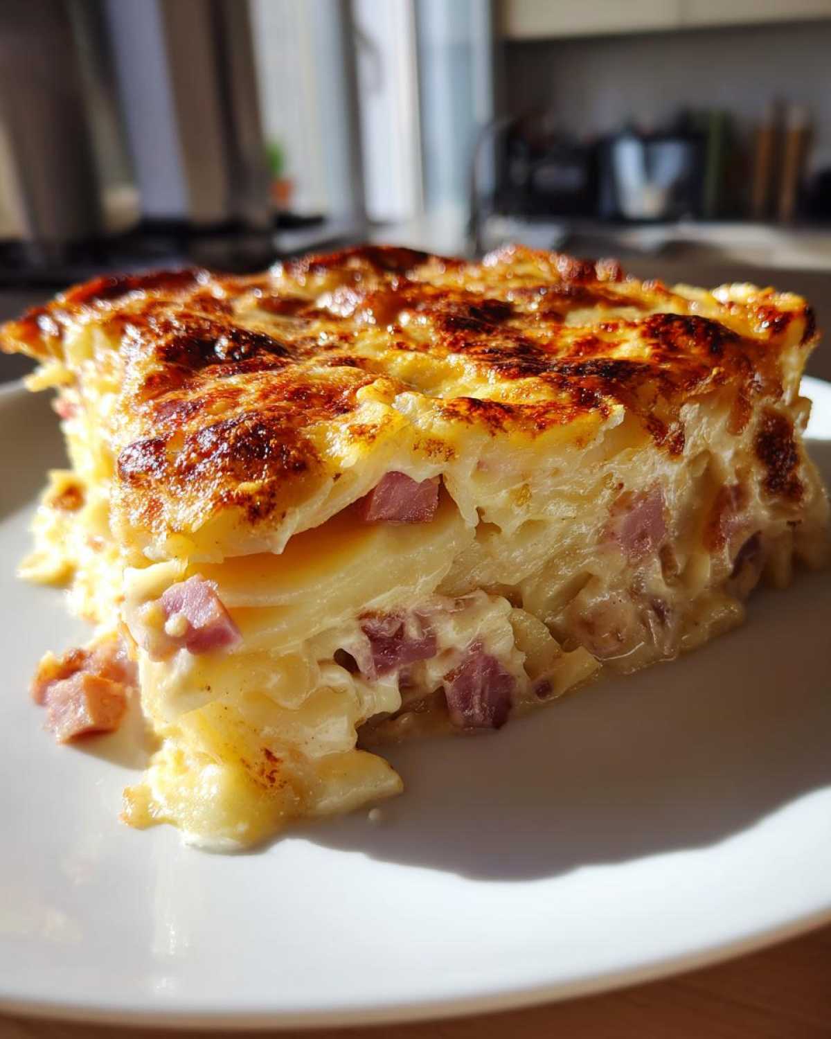 A generous slice of scalloped potatoes and ham, showing creamy layers and a golden-brown, bubbly cheese crust.
