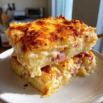 Two stacked, cheesy squares of scalloped potatoes and ham casserole with a golden-brown, bubbly top.
