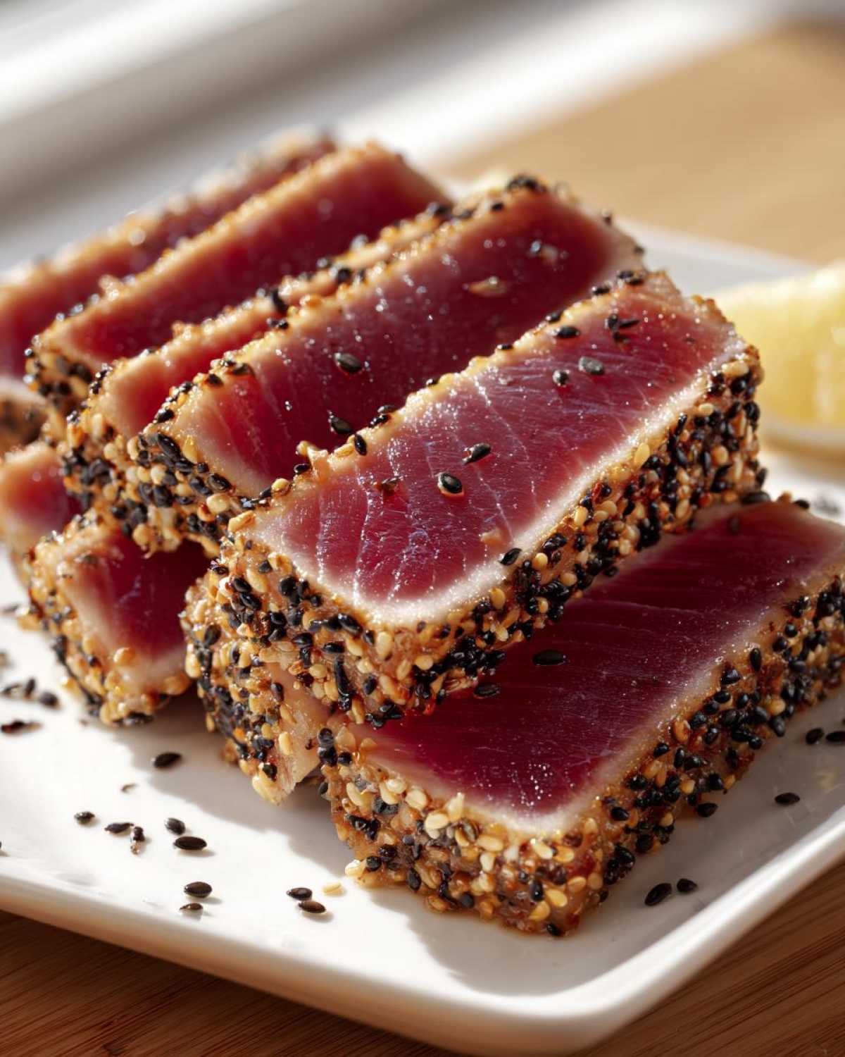 Slices of perfectly seared ahi tuna, crusted with black and white sesame seeds, showing a rare red center.