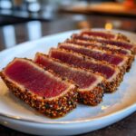 Slices of perfectly seared ahi tuna, crusted in sesame seeds, showing a rare, deep red center.