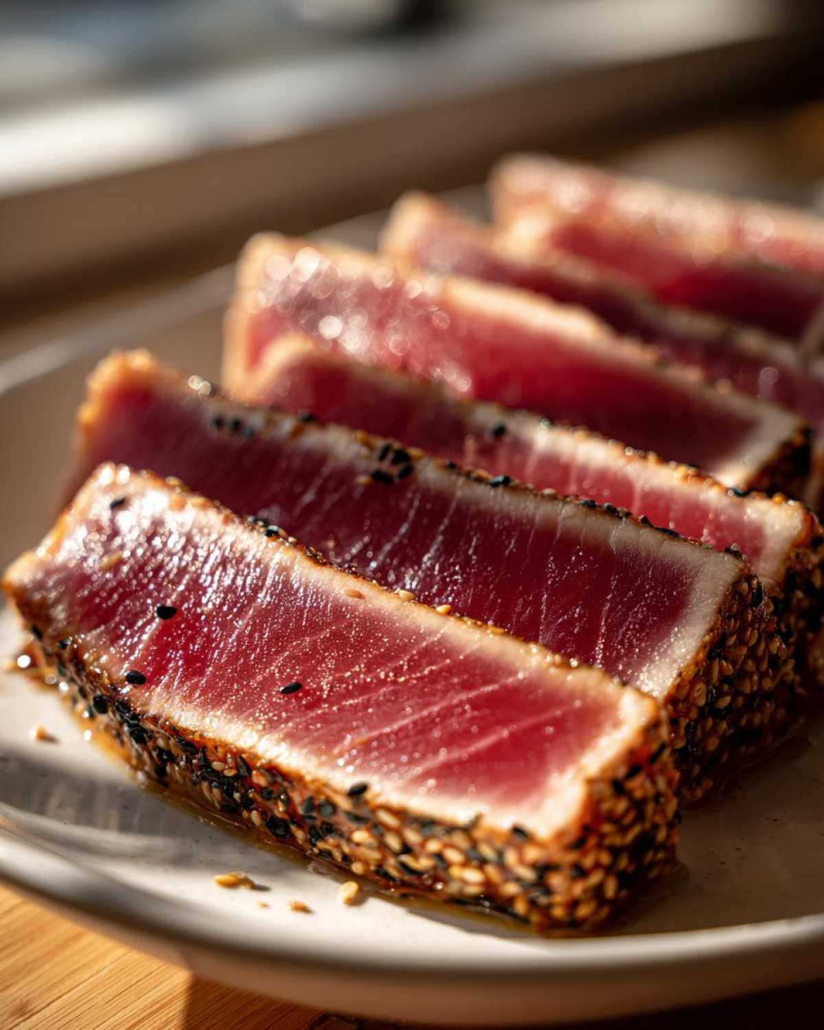 Close-up of perfectly seared ahi tuna slices, crusted with sesame seeds and rare pink center.