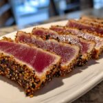 Close-up of perfectly cooked Seared Ahi Tuna, sliced and crusted with sesame seeds, showing rare red center.