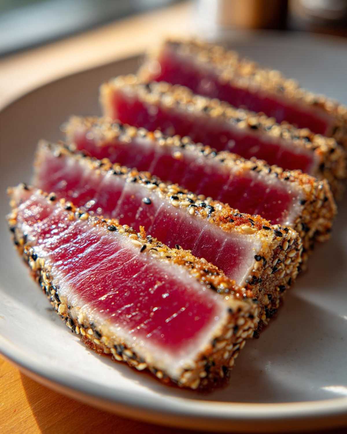 Four slices of perfectly seared ahi tuna, crusted with sesame seeds, showing a bright red rare center.