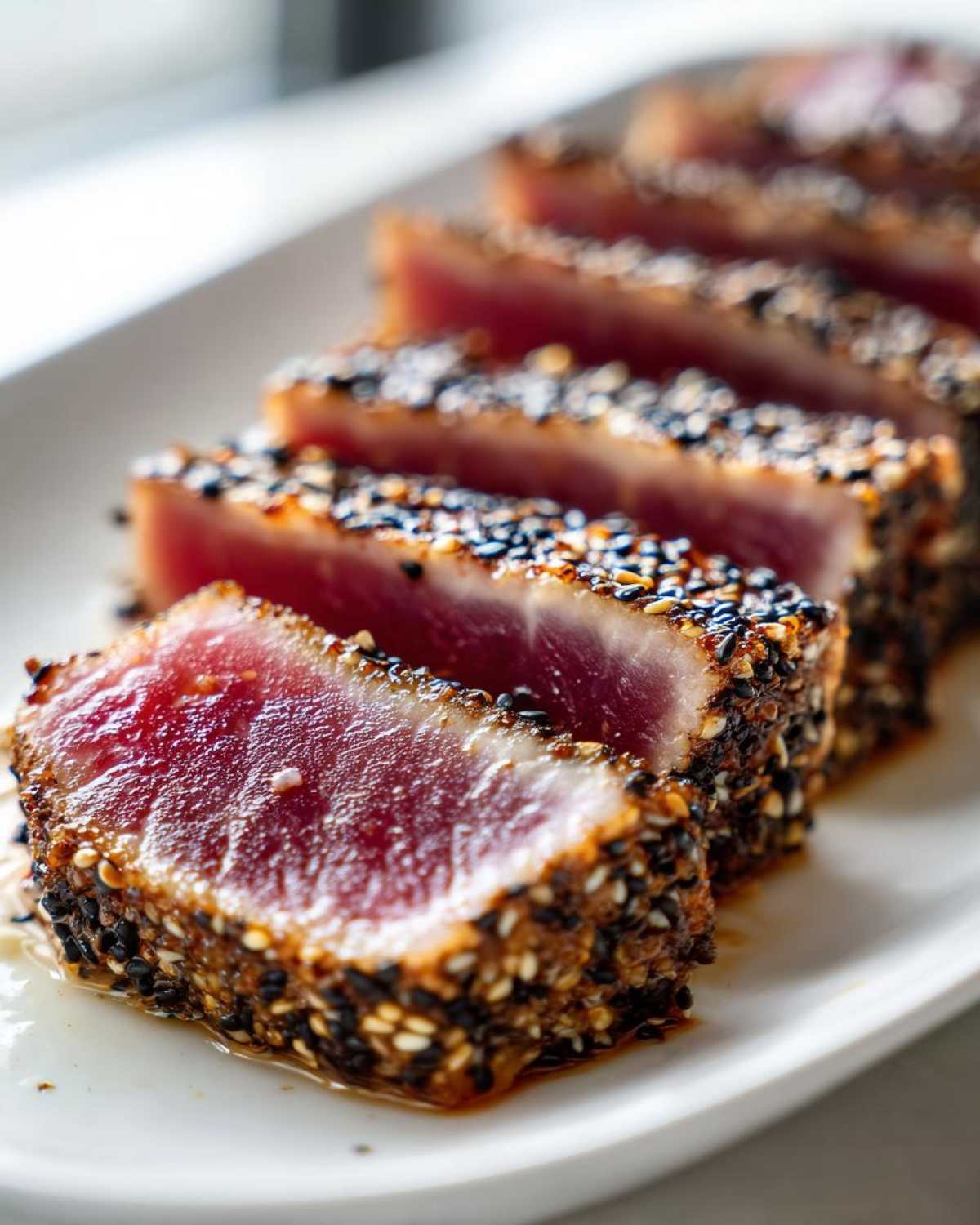 Close-up of perfectly seared ahi tuna, sliced to show the rare center and sesame seed crust.