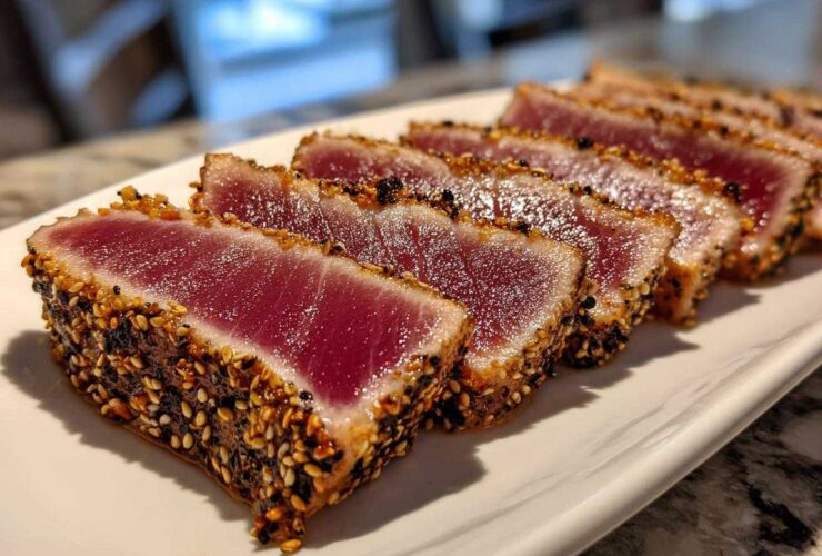 Close-up of perfectly cooked Seared Ahi Tuna, sliced and crusted with sesame seeds, showing rare red center.