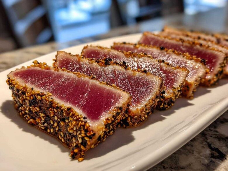 Close-up of perfectly cooked Seared Ahi Tuna, sliced and crusted with sesame seeds, showing rare red center.