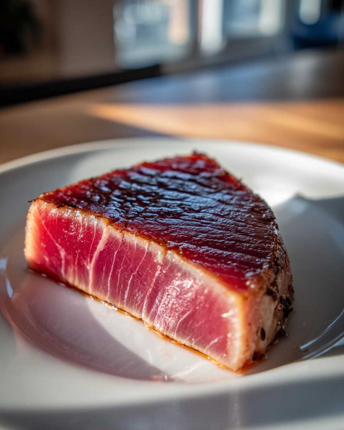 A thick, perfectly seared tuna steak with a dark crust and bright red raw center, resting on a white plate.