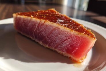 Close-up of a perfectly seared tuna steak, showing a dark crust and bright red raw center, prepared with a MARINADE FOR TUNA STEAK.