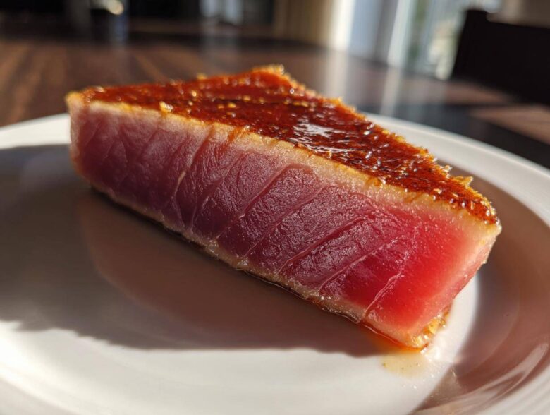 Close-up of a perfectly seared tuna steak, showing a dark crust and bright red raw center, prepared with a MARINADE FOR TUNA STEAK.