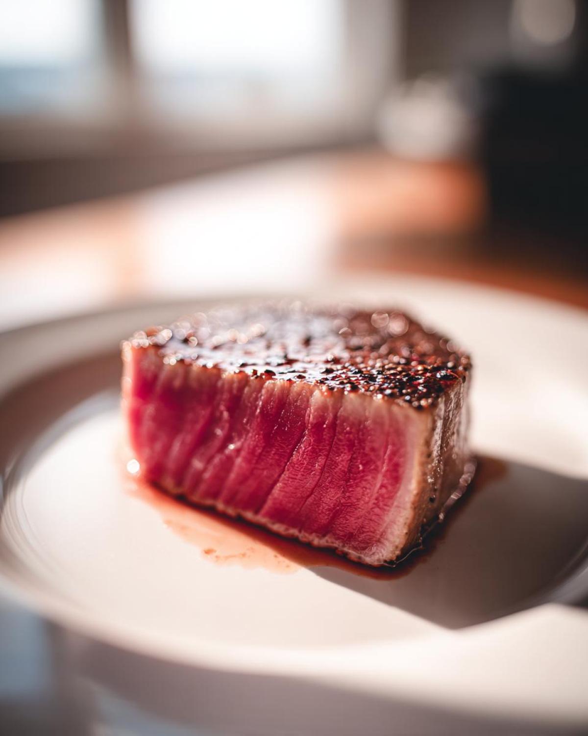 Close-up of a perfectly seared tuna steak, rare in the center, resting on a white plate after being prepared with a MARINADE FOR TUNA STEAK.