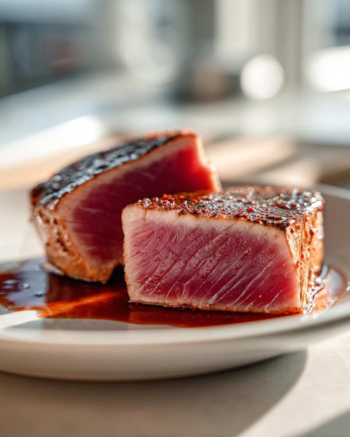 Two thick slices of perfectly seared tuna steak, rare inside, resting in a pool of dark marinade.