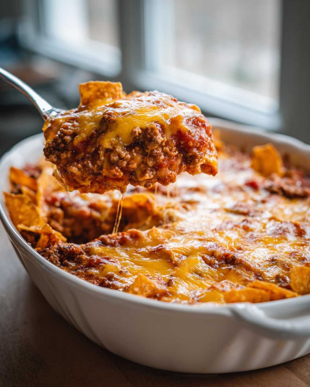 A spoonful of hot, cheesy Dorito Casserole being lifted from a white baking dish.