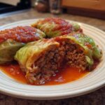 Close-up of three cabbage rolls topped with tomato sauce, one cut open revealing the ground meat and rice filling of the cabbage rolls.