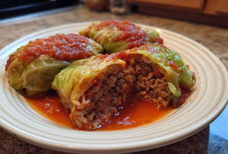 Close-up of three cabbage rolls topped with tomato sauce, one cut open revealing the ground meat and rice filling of the cabbage rolls.