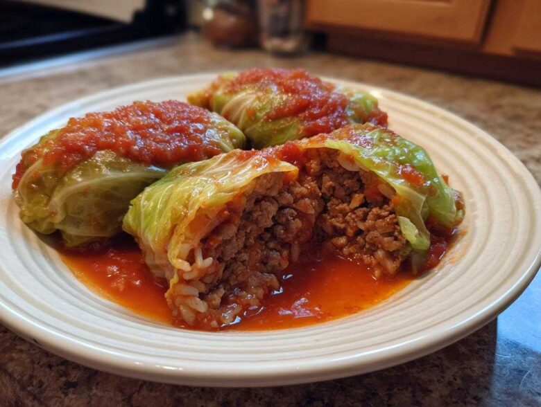 Close-up of three cabbage rolls topped with tomato sauce, one cut open revealing the ground meat and rice filling of the cabbage rolls.