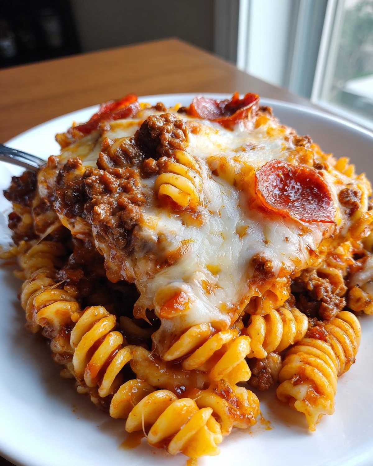 A close-up of a serving of pizza casserole made with rotini pasta, meat sauce, melted cheese, and pepperoni slices.