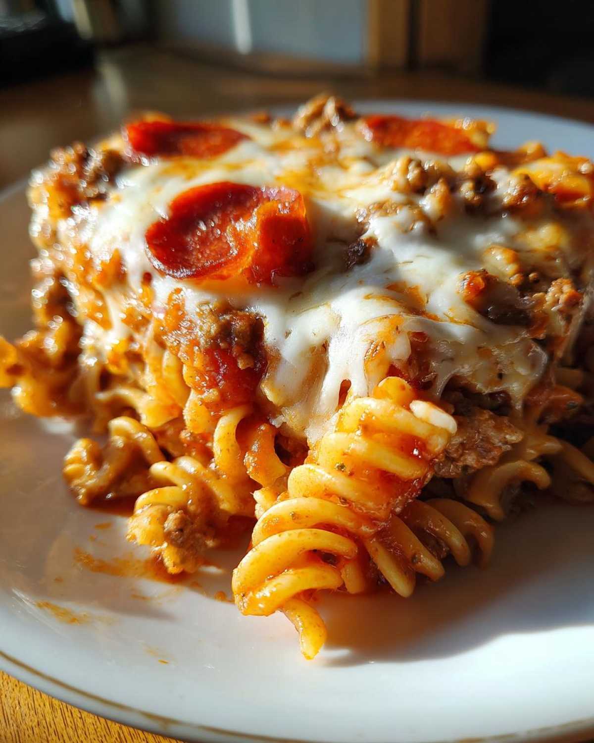 Close-up of a serving of pizza casserole featuring rotini pasta, meat sauce, melted mozzarella, and pepperoni slices.