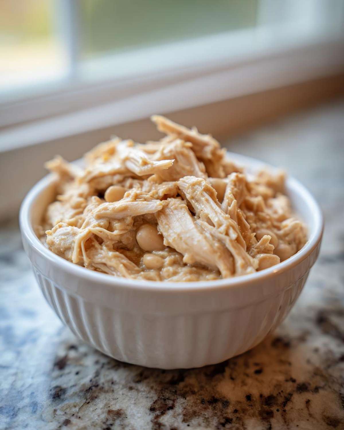 Close-up of shredded white chicken chili mixture with white beans served in a small white bowl.