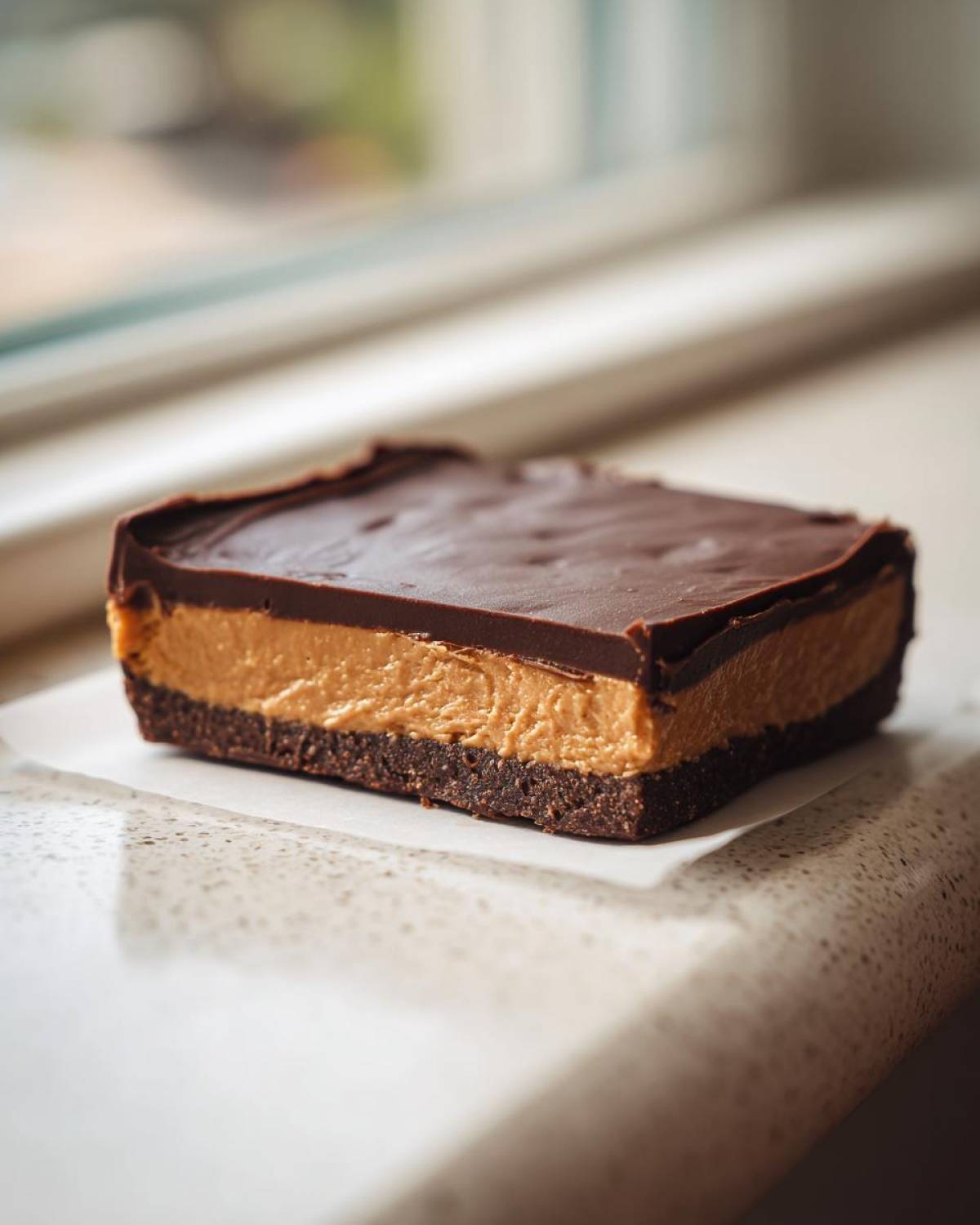 A single, thick no bake peanut butter bars slice with a dark chocolate topping resting on parchment paper.